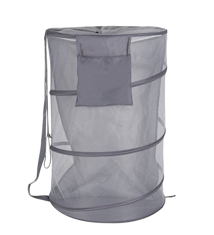 Cylindrical mesh pop-up hamper with shoulder strap