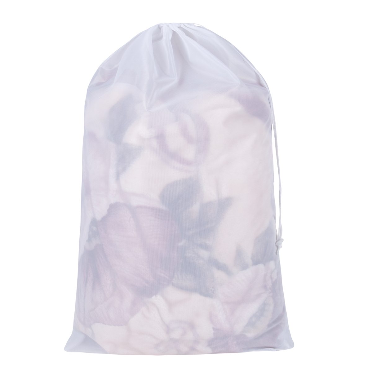 White mesh drawstring laundry bag